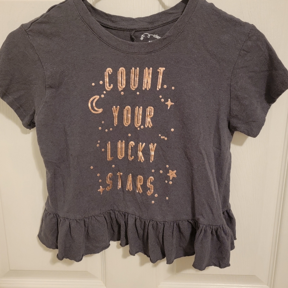SOLD Girls Grey Waist Length Count Your Lucky Stars Short Sleeve Top Si…